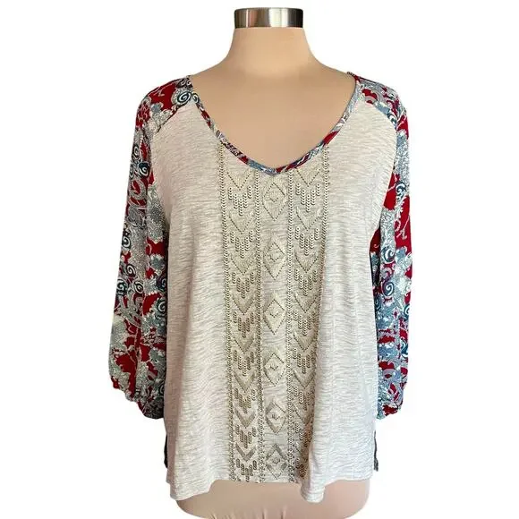 Miss Me Multimedia Top LARGE 3/4 Sleeves V-Neck Western Aztec Boho Casual Work - Picture 1 of 9